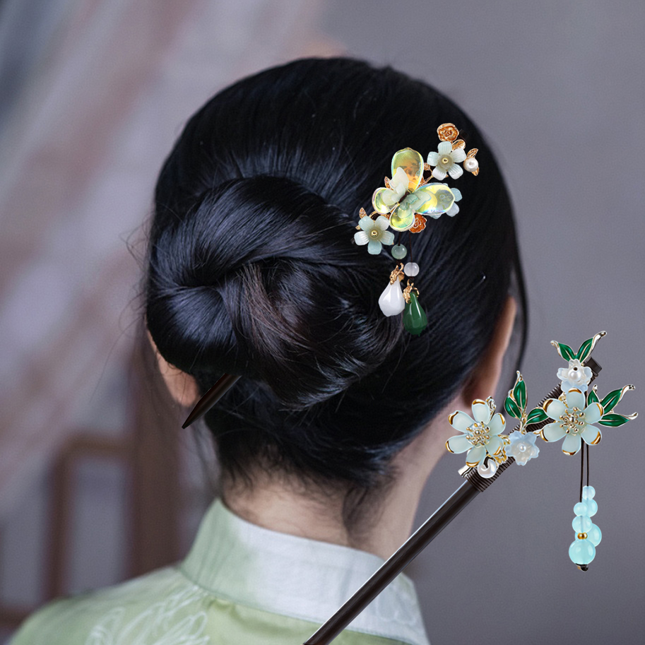 Supply Florist - 木製タッセル付きステップシェイキングヘアスティック 女性用古代ヘアピン 花型ヘアピン お団子ヘア用 ファッションヘアアクセサリー ギフト