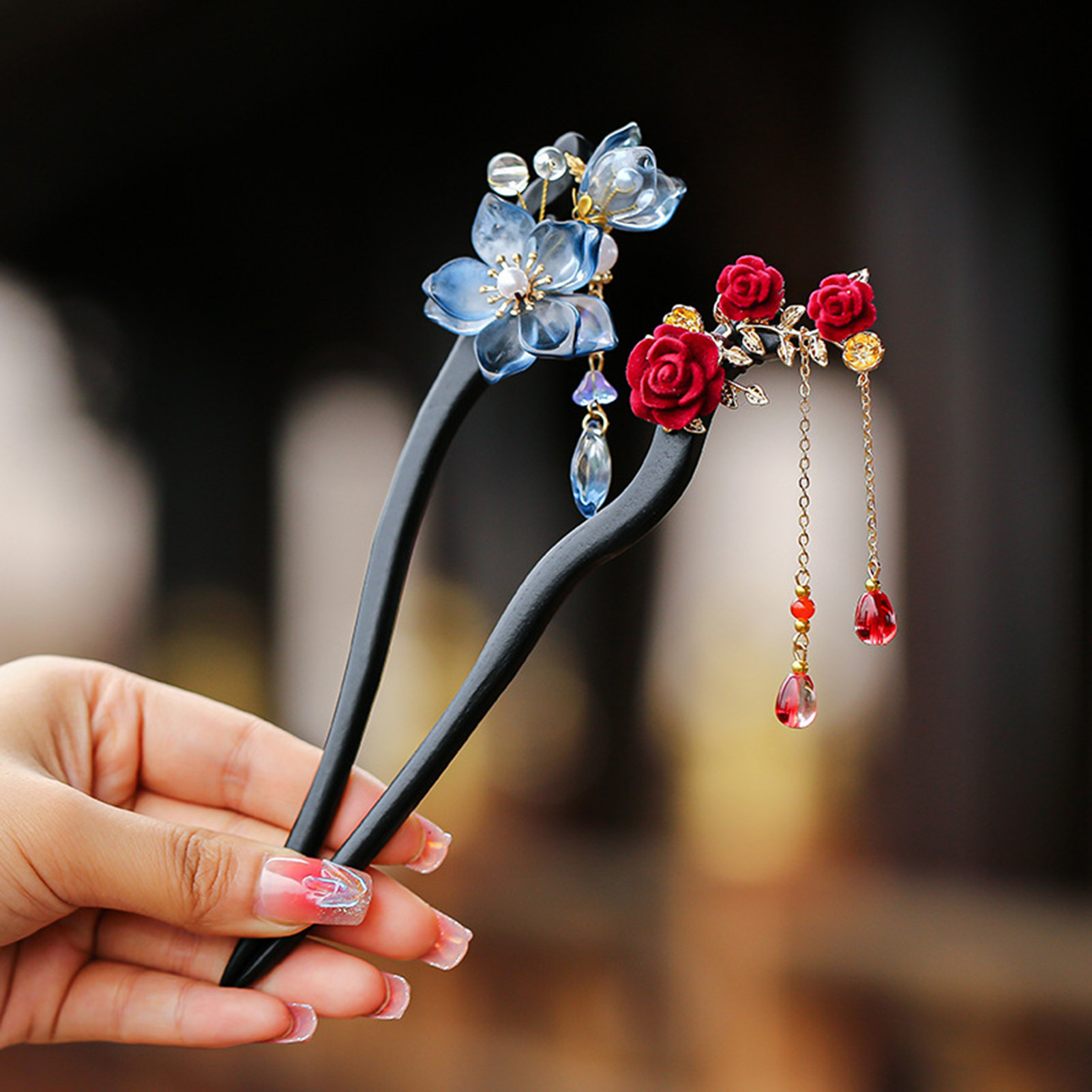 中国風の花のタッセルヘアピンヴィンテージ木製花柄パールヘアス - Supply Florist のレビューと価格