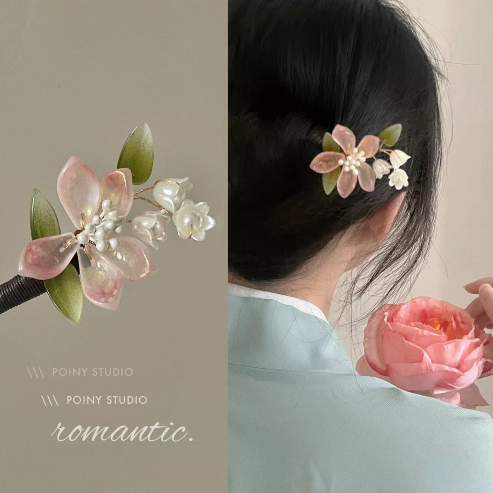 中国風の花のタッセルヘアピンヴィンテージ木製花柄パールヘアス - Supply Florist のレビューと価格