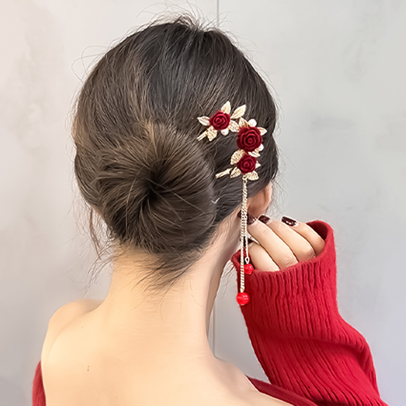 中国風のバラの花のヘアスティックヘアピン女性のための赤い花の - Flower Supply のレビューと価格